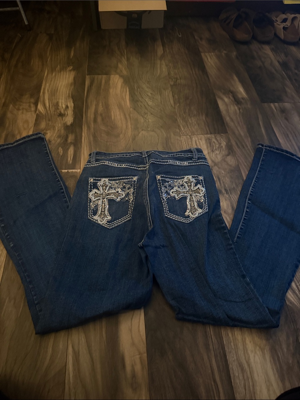Women’s Dark Blue Boot Cut Jeans with Embellished Cross Pockets